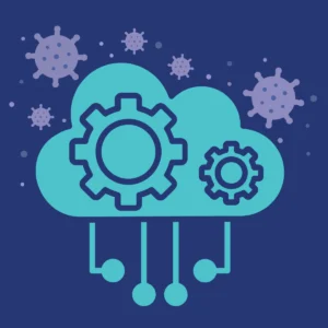 cloud icon respresenting SaaS, surrounded by germs to illustrate the concept of "Sick of SaaS" and the benefits of hybrid data storage