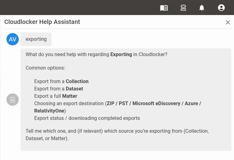 Screenshot of Cloudlocker chatbot assistant responding to an inquiry about exporting