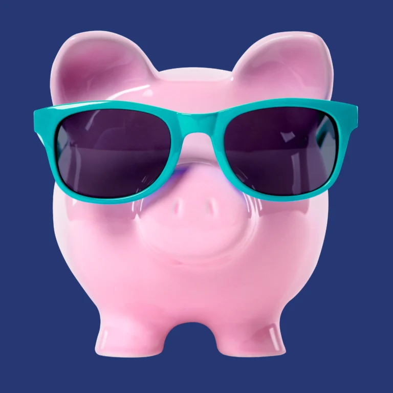 piggy bank wearing teal sunglasses. overpaying for data management