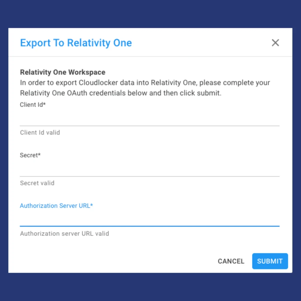 Screenshot from Cloudlocker export to Relativity menu